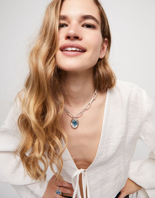 Short link chain pendant necklace sky-blue crystal, Silver, large